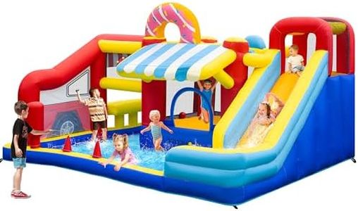 VIVOHOME 9 in 1 Bounce House for Kids, Market Theme Inflatable Bouncy Castle with Slide, 13x11 FT Inflated Bouncer for Outdoor with Blower, Basketball, Climb, Jump Area, Ball, Water Pool, Hoop