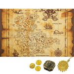 Gejoy Brown Beige Detailed Treasure Map Pirate Gold Secret Sea Historical Theme Home Decoration, Pirate Toy Compass Necklace Plastic Coins Pirate Theme Party Supplies