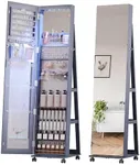 Lvifur 360° Rotating 64'' Jewelry Armoire with 6 LEDS, Full Length Mirror Large Capacity Jewelry Organizer Armoire, Lockable Floor Standing Mirror with 4 rollers for Bedroom, Cloakroom