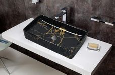 REMANENCE CeramicTable Top Bathroom Sink | Countertop Vessel Sink | Wash Basin Over Counter For Bathroom, Hotel, Living Room (Black-Gold Basin) (24x14x5 Inch)