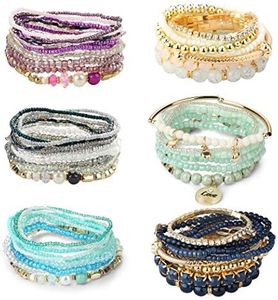 LOYALLOOK 6 Sets Bohemian Stackable Bead Bracelets for Women Stretch Bohemian Style Stretch Multilayered Boho Bracelet Set