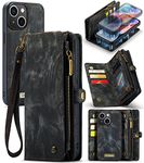 Lhyxuuk for iPhone 14 Wallet Case,Premium Cowhide Leather Purse Magnetic Detachable Phone Cover with Zipper Pocket and 11 Card Slots for iPhone 14 (Black)