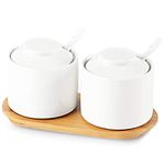 ONTUBE Ceramic Sugar Bowl with Lid and Spoon Set of 2,Porcelain Seasoning Box Salt Bowl with Bamboo Tray,8oz (White)