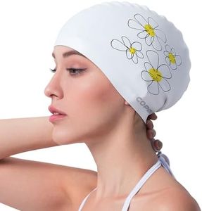 COPOZZ Women‘s Swim Cap for All Hair - Large, Comfortable Silicone Swimming Cap, Waterproof Design for Long, Short, Thick & Curly Hair | Secure & Comfortable Fit (Daisy-12yrs+)