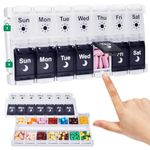 Shintop Weekly Pill Organizer 2 Times a Day, Easy Fill Am Pm Pill Box 7 Day Push Button Pill Container Medicine Organizer for Vitamins Supplements (Black&White)