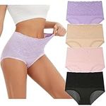 Hornice Women's High Waisted Knickers Lace Floral Strench Panties Full Coverage Tummy Control Briefs Ladies Cotton Underwear (Size: M-5XL) - Pack of 4