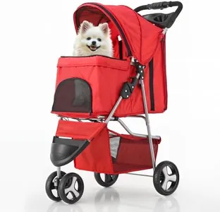 MoNiBloom 3 Wheels Pet Stroller, Foldable Puppy Cage Jogger Stroller with Weather Cover for All-Season, Storage Basket and Cup Holder, Breathable and Visible Mesh for Small/Medium Pets, Red