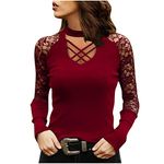 Women's Long Sleeve Lace Shirts Sexy Criss Cross Straps Hollow Out Crew Neck Lace Patchwork Tops Solid Elegant Blouse, Wine, Small