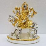 Gold Art India Gold and Silver Plated Resin Ambe MATA Idol On Lion | Mandir Puja Murti | Maa Nav Durga Rani Sherawali Statue Sculpture Goddess for Pooja, Housewarming Gift (Small Size, Two Tone)