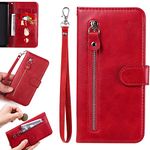 PartyUnix Compatible for Samsung Galaxy AO2S OB 164 Flip Zipper Wallet Case [3 Card Slot+2 Wallet][1& Wrist Strap][Kickstand] Magnetic Leather Shockproof with 1& Tempered Glass Screen Protector,Red