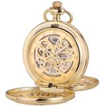 ÖSSZEFUT Pocket Watch with Chain Roman Numerals Hollow Mechanical Pocket Watches for Men Double Cover Gold