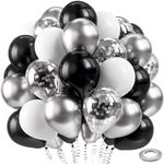 Bezente Black Silver Confetti Latex Balloons,60pcs 12 inch Black White Silver Metallic Chrome and Silver Confetti Balloons for Birthday, Baby Shower, Wedding, and Silver Theme Party Decoration