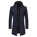 KUDMOL Men's Trench Coat Wool Blend Warm Overcoat With Detachable Hood(Navy,L)