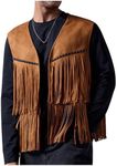 OYOANGLE Men's Boho Fringe Trim Open Front Vest Coat Sleeveless Western Cowboy Vest Waistcoat Brown Medium