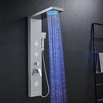 ROVATE LED Shower Panel Tower System with Rainfall and Mist Shower Head, 5-in-1 Shower Panel with Jets and Rainfall and Handheld, Stainless Steel Shower Column High Pressure with Tub Spout