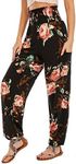 QIANXIZHAN Women's Harem Pants, High Waist Yoga Boho Trousers with Pockets Rose Black M