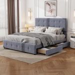 Kayan 4FT6 Double Bed Frame Upholstered Platform Bed with 4 Storage Drawers, Wooden Bed Frame with Adjustable Tufted Button Headboard, Velvet Fabric, No Mattress (Grey)