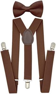 trilece Brown Suspenders and Bow Tie Set for Boys, Kids,Girls,Toddlers,Baby - Adjustable Elastic 1 inch Wide Y Shape - Heavy Duty Strong Clips (6 Years to 5 Feet, Brown)