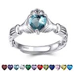 Bestyle Silver Love Celtic Claddagh Ring Created Heart Gemstone Rings March Aquamarine Crystal Birthstone Rings for Women, Hypoallergenic Adjustable Rings for Every Finger, Size 6-12