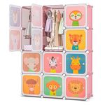 Costzon Kids Closet, Cartoon DIY Modular Dresser Storage Organizer with 12 Cubes & 2 Clothes Hanging Rack, Portable Armoire for Baby Toddlers, Kids Wardrobe for Bedroom Nursery (Pink)