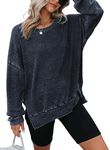 Dokotoo Womens Oversized Sweatshirt for Women Waffle Knit Long Sleeve Crewneck Loose Comfy Side Slits Casual Pullover Sweatshirts Tops Fall Clothes 2024 Trendy Outfits Blue Small