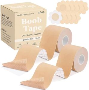 Boob Tape for Breast Lift – 2 Rolls Breathable Waterproof Push Up Adhesive Body Tape with 5 Pairs Sticky Nipple Covers, Invisible Support for Backless Strapless Dresses, Large Breasts A-G Cup Beige