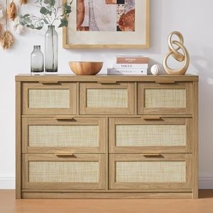 OAKHAM HOME 7 Drawer Dresser, Large Dresser for Bedroom, Rattan Chests of Drawers with Metal Handle and Wide Drawers, Wood Dressers Organizer TV Stand, 52.76" W x 17.72" D x 31.69" H