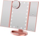 WEILY Tri-fold Vanity Mirror, 21 LEDs and 2X/3X Magnification, Touch Switch for Adjusting Brightness, Dual Power Supply mode Makeup Mirror (Rose Gold)