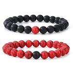 MengPa Mens Beaded Bracelets Couples Matching Bracelet Set Matte Lava Rock Beads for Women Fashioon Jewelry (Howlite-Red-Matte)