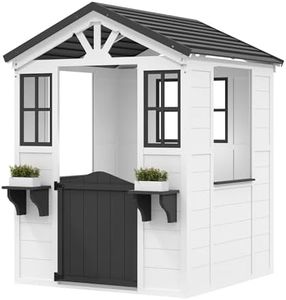 Cedar Wooden Kids Playhouse with Play Kitchen, Wooden Adventures Cottage for Backyard, Outdoor Toddler Playhouse for Kids with Vinyl Roof