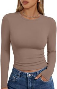 Trendy Queen Womens Long Sleeve Shirts Basic Crop Tops Tight Slim Fit Cute Teen Girls Fall Winter Y2k Clothes Coffee Grey L