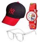 Cron Unisex BTS Ring Kids Cotton Sports Cap & Sunglass & Watch Summer Gift Hat for Boys & Girls Suitable for Age 5 to 12 Years (Pack of 3) (Black Ny 1)