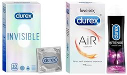 Durex Air Condoms For Men - 10 Count With Lube Tingling Lubricant Gel - 50Ml | Water Based Lube |Suitable For Use With Toys & Durex Invisible Super Ultra Thin Condoms For Men - 10 Count