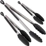 Gorilla Grip Stainless Steel Heat Resistant BBQ Kitchen Tongs Set of 3, Non Scratch Silicone Tip for Nonstick Cooking Pans, Strong Grip for Grabbing Food, Pull Lock, Includes 7, 9 and 12 Inch, Black