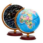 Exerz 20cm Globe Lumineux, Carte en Français - Illuminated World Globe 20cm Diameter Wooden Base French - Political Map in French (Day) - Constellation Stars (Night) - Light Up LED Lamp