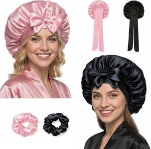 2 Stück Satin Seidenhaube zum Schlafen in Seidenoptik, Verstellbare Haarhaube für die Nacht für Lockiges und Lange Haare, Bonnet Sleep Cap, Bonnet Seide Schwarz und Rosa