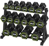 HANDBODE 840 lb Dumbbell Set with Rack Rubber Encased Hex Dumbbell Free Weights Dumbbells Set Home Weight Set with 3-Tier Dumbbell Rack, (Pair of 20 lb, 30 lb, 40 lb, 45 lb, 50 lb, 65 lb, 75 lb, 95 lb )