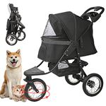 LPOTIUS Dog Stroller Pet Stroller Premium Heavy Duty Pet Stroller for Small Medium Dogs & Cats, 3-Wheel Cat Stroller No-Zip, Foldable Dog Stroller with Suspension System/Link Brake/One-Hand Fold, Max.55 LBS Black