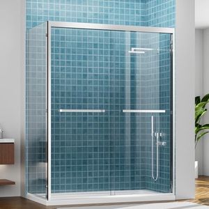LENPHILVEE 60" W x 32" D x 76" H Semi-Framed Double Sliding Shower Glass Door, SGCC 3/8" & 5/16" Tempered Glass, Double Nano Coating, Aluminum, Leak-Proof, Chrome, (Shower Base Not Included)