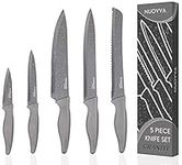 nuovva Professional Kitchen Knife Set – 5pcs Grey Kitchen Knives – Stainless Steel Granite Non Stick Blades – Chefs, Filleting, Bread, Paring and Utility Knives