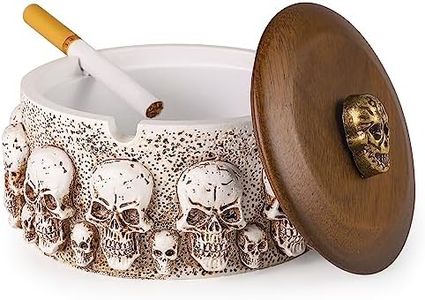 Skull Ashtray with Lid for Cigarettes Natural Resin Ash Tray for Indoor or Outdoor Use Cool Ashtrays and Halloween Decorations for Home and Garden Decor (White)