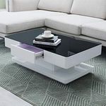 TUKAILAi High Gloss Coffee Table for Living Room Coffee Table with 2 Drawers Black Tempered Glass Top Wooden Rectangular Sofa End Table for Home Office