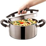 Stainless Steel Cookware Pasta Pot by Cyrder – 5 Quart, Strainer in Glass Lid, Two Side Spouts, Capsule Bottom Stock Pot, Durable & dishwasher safe