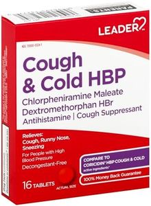 Leader Cough and Cold HBP Medicine, Decongestant-Free Antihistamine, Cough Suppressant - Relieves Cough, Runny Nose, Sneezing and Cold Symptoms for People with High Blood Pressure, 16 Tablets, 1 Pack