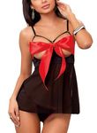 Womens Sexy Christmas Lingerie Red Bow Babydoll Chemise Pyjamas Santa Lace Costume Sleepwear Dress(Black,XL,365w)