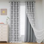 MYSKY HOME 90 Inch Long Grey Curtains for Living Room Double Layer Blackout Curtains for Boys Bedroom White Pom Pom Sheer Curtains for Kids Room Darkening Grommet Top Nursery Window Panels 52 x 90 in