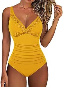 Hilor Women's One Piece Swimsuits Pin Tucked Surplice Swimwear Tummy Control Bathing Suits Monokinis Golden Glow 14