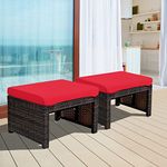 ORALNER Outdoor Ottoman, Set of 2 Wicker Footstools, All-Weather Rattan Foot Stools w/Removable Cushions, Patio Footrest Extra Seating for Porch, Poolside, Garden, Deck, Easy Assembly (Red)