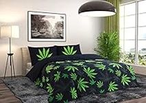 THE HIGH LIFE Cannabis Marijuana Leaf Weed Print Duvet/Quilt Cover Bedding Set With Pillow Cases Green Black White (Green/Black, Single (137 x 198cm))