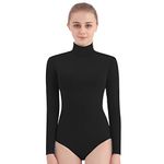 SUPRNOWA Turtleneck Leotard Long Sleeves Spandex Dance Workout Fitness Bodysuit for Women (Large, Black)